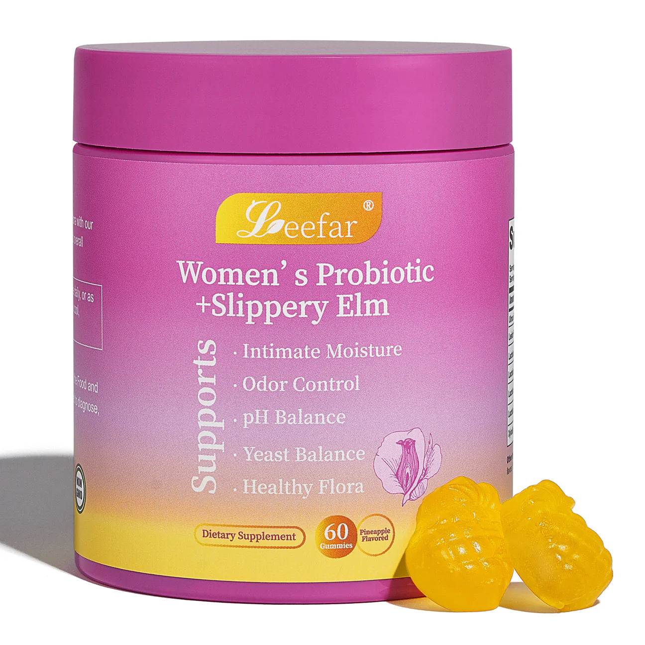 Gomitas probióticas femeninas LeeFar Her Juicy: solución integral con olmo resbaladizo, prebióticos y mezcla de probióticos Lactobacillus para equilibrar el pH y combatir la sequedad de las mujeres - Gomitas de piña (60 unidades)