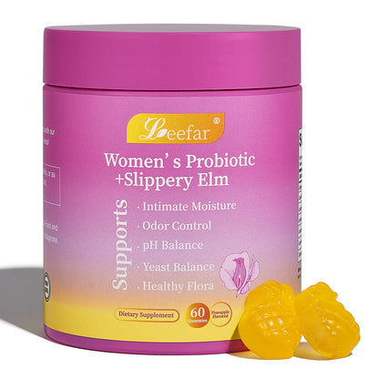 Gomitas probióticas femeninas LeeFar Her Juicy: solución integral con olmo resbaladizo, prebióticos y mezcla de probióticos Lactobacillus para equilibrar el pH y combatir la sequedad de las mujeres - Gomitas de piña (60 unidades)