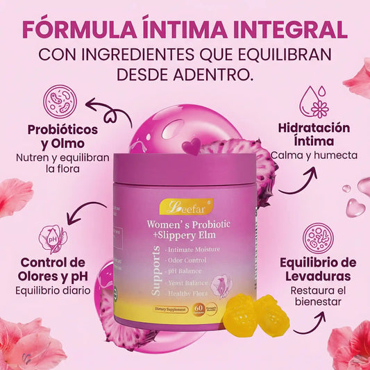 Gomitas probióticas femeninas LeeFar Her Juicy: solución integral con olmo resbaladizo, prebióticos y mezcla de probióticos Lactobacillus para equilibrar el pH y combatir la sequedad de las mujeres - Gomitas de piña (60 unidades)